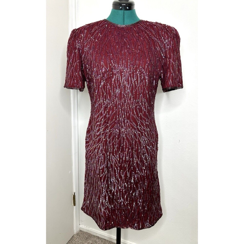 Laurence Kazar NY Burgundy Red Sequin Beaded Evening Formal L Silk Party Dress